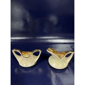 Vintage Lusterware Iridescent Gold Trim Creamer and Sugar Bowl Marbled Glaze -D9